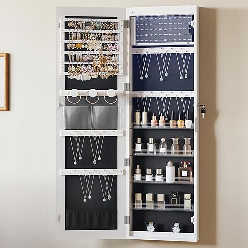 Hzuaneri 8 LEDs Armoire à Bijoux avec Miroir Long, 120cm organisateur de bijoux, armoire de rangement verrouillable à montage mural ou sur porte, blanc JC12003B - Nail Gallerys