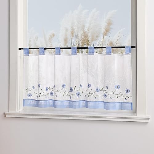Yujiao Mao Rideau Brise-bise brodé Petites Marguerites, Semi-Transparent, Rideau à Liens, Style champêtre, Cuisine, Salle à Manger, Petites fenêtres Gris HxL 45x90cm - Nail Gallerys