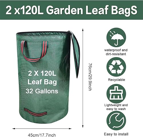 Sac à déchets de jardin, 120 l x 2, avec couvercle, robustes, 150 g/m², imperméables et pliables, autoportants, avec poignées, réutilisables, pour branches et déchets de jardin - Nail Gallerys