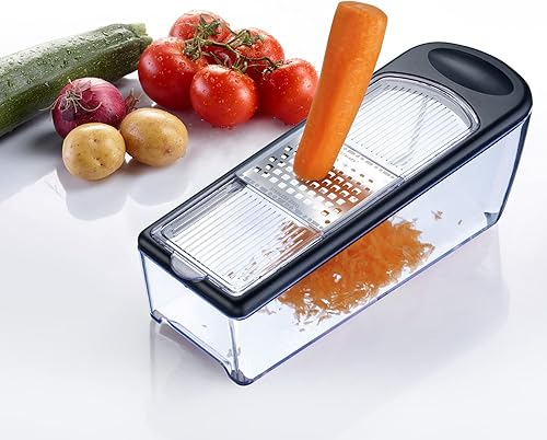 Westmark Set de Râpes/Trancheurs avec 4 inserts de Coupe et Récipient Collecteur, Acier inoxydable/plastique, Technicus Quadro, Transparent/noir/argenté, 14352260 - Nail Gallerys