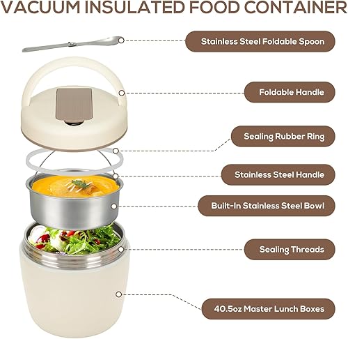 Cozary Thermos Alimentaire Chaud 1200ml, Boîte Alimentaire Isotherme,Acier Inoxydable 304 Boite Isotherme Repas Chaud avec Cuillère,sans BPA, pour Ecole, Bureau, Camping - Nail Gallerys