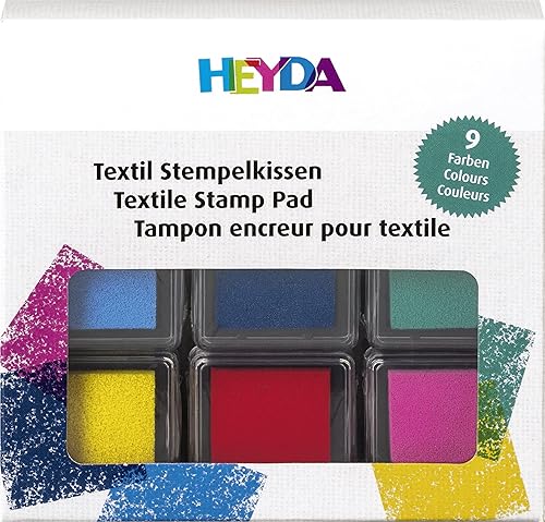 Heyda Tampon encreur textile 9 couleurs assorties : jaune, rouge, rose, bleu ciel, bleu foncé, turquoise, vert, vert foncé, noir - Nail Gallerys