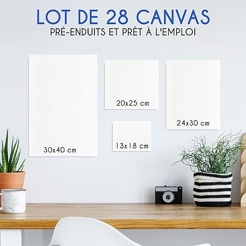 Toile peinture - Set de 28 Canvas - Toile a peindre Multi Tailles - 13x18, 20x25, 24x30, 30x40 - Toile Vierge Tout Type de Peinture - Nail Gallerys
