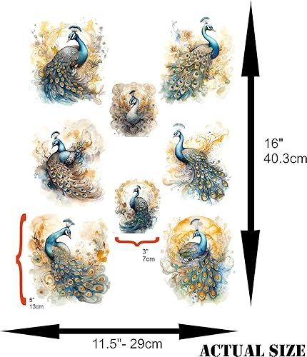 Papier de riz paon, 29,21 x 40,64 cm – 8 images uniques de paon imprimées sur du papier de mûrier 36 g/m², fibres visibles pour découpage, meubles, rénovation, travaux manuels. - Nail Gallerys