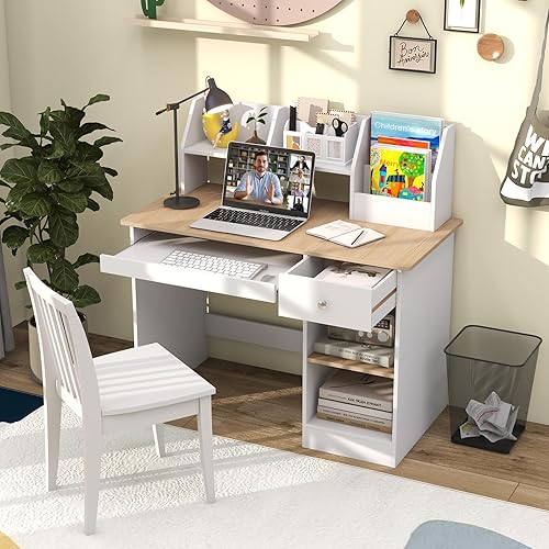 GOPLUS Table Enfant, Bureau Enfant en Bois avec Tiroir, 2 Étagères, Plateau à Clavier, 3 en 1 Bureau pour Fille Garcon avec Dispositif Anti-basculement, Naturel, 90X45X90CM - Nail Gallerys