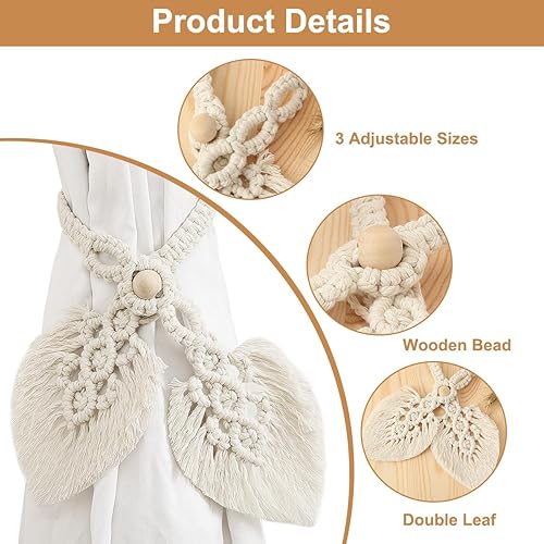 2 Pièces Embrasse de Rideaux, Feuille Attaches de Rideaux Tissées, Cordes à Pinces à Rideaux Bohème en Coton Macramé Decoration, pour Salon Maison Chambre Salle de Bains, Intérieur, Extérieur (Beige) - Nail Gallerys