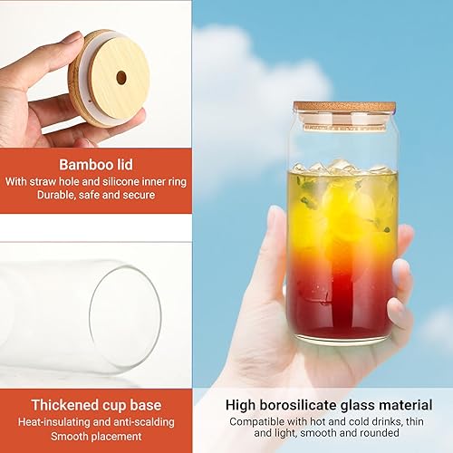 3 Verres Matcha - Verre avec Paille - Verre avec Couvercle et Paille, 550 ml, Couvercle Bambou, Paille et Brossette, Verre Borosilicate, pour Café Glacé, Cocktails et Whisky - Nail Gallerys