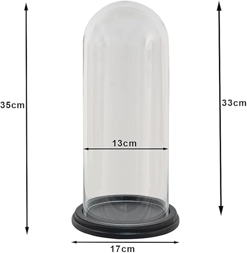 HAES DECO - Cloche en Verre avec Socle en Bois Noir - Diamètre 17 cm et Hauteur 35 cm - Cloche en Verre Décorative Transparente avec Plateau en Bois - ST034731 - Nail Gallerys