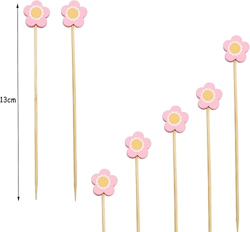 ENLACE Lot de 100 brochettes à cocktail en bois pour enfants, en forme de fleur rose, 13 cm, pour le fromage, les fruits, les fêtes, les amuse-bouches, accessoires de décoration pour fête d'été - Nail Gallerys