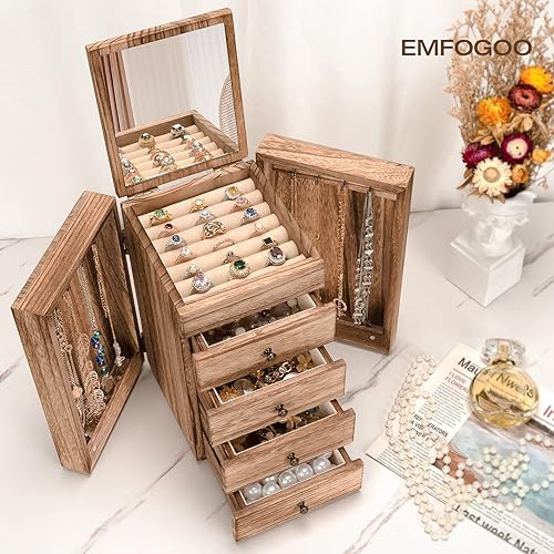 Emfogoo Boite a Bijoux Femme, Rangement Bijoux avec 4 Tiroirs et Miroirs, Grande Boite à Bijoux Bois, Boite Bijoux pour Collier, Anneau, des Boucles d'oreilles, Bracelet, Boite a Bijoux Fille - Nail Gallerys
