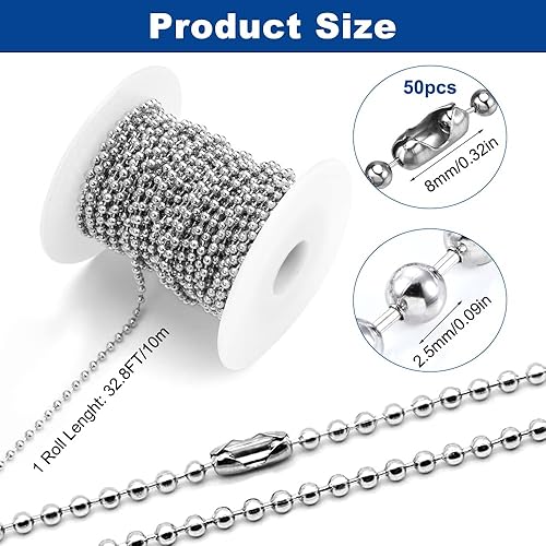 10m Chaine a Billes en Acier Inoxydable, Rouleau Chainette à Bill avec 50 Connecteurs, Chaîne à Billes, Chaîne d'Extension Perlée, Chaîne à Perlée pour Fabrication de Bijoux, Pendentif DIY Collier - Nail Gallerys