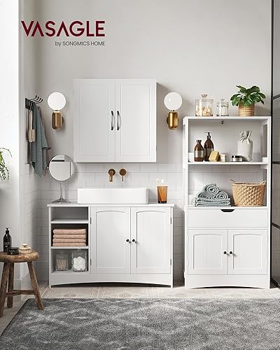 VASAGLE Meuble sous Lavabo, Placard sous Vasque, Meuble de Salle de Bain, Long, 30 x 90 x 60 cm, 2 Portes, Armoire de Rangement, Casiers Ouverts, Étagères Réglables, Blanc BBC410P31 - Nail Gallerys