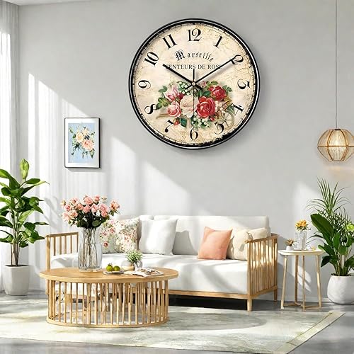 NUOVO Horloge murale de jardin de 40,6 cm - Motif floral - Style shabby chic - Vintage - Élégante - Silencieuse - Pour salon, chambre à coucher, cuisine - Nail Gallerys