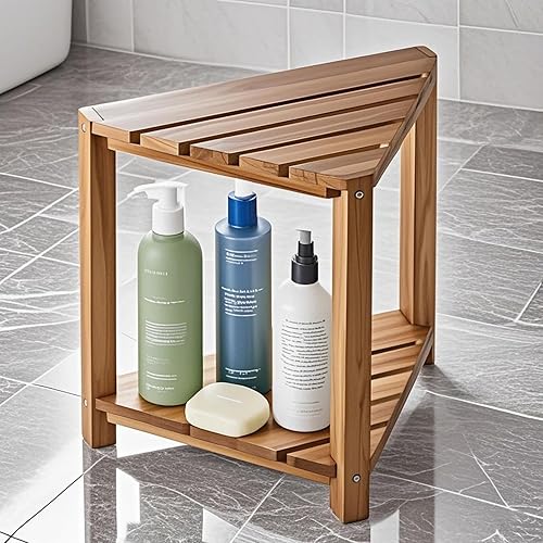 Gcerfby Repose-pieds de douche, tabouret de douche en bois d'acacia, pieds de rasage, petit tabouret avec étagère de rangement, 42/42/25,4 cm, facile à utiliser, polyvalent pour l'intérieur des petits - Nail Gallerys
