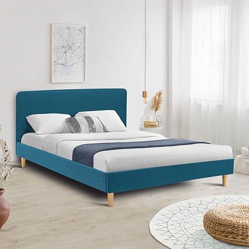 IDMarket - Lit Double scandinave Balta avec tête de lit et sommier 140 x 190 cm Tissu Bleu Canard - Nail Gallerys