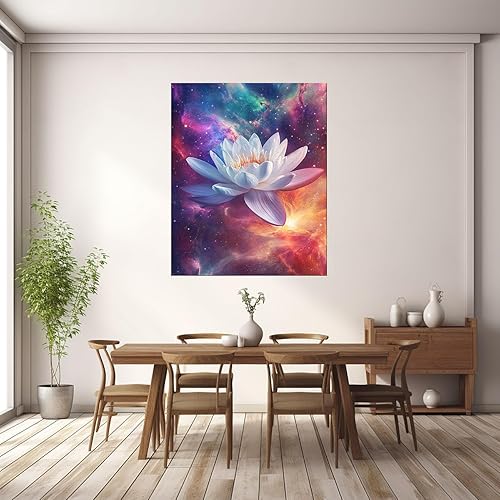 HOQIU Peinture Sur Toile Fleurs, Peinture de lotus dans le ciel étoilé, affiche murale, deco mural, Pour la maison, le bureau, la chambre(blanc)-40x60cm Encadrée - Nail Gallerys