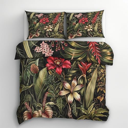 Générique Housse de Couette Fleur Tropical 220x240, Parure de Lit Motif Feuille Palmier Hibiscus Hawaii 2 Personnes - Decoration - 2 Taies d'oreiller 65x65, Fermeture Éclair, Microfibre - PKA6022 - Nail Gallerys