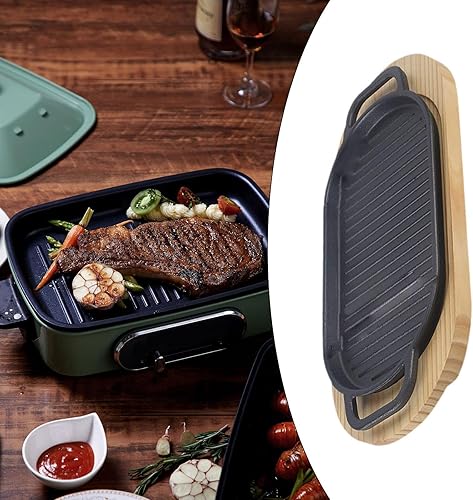Fenteer Plaque de Cuisson en Fonte pour Steak avec Support en Bois, Assiette pour Service à La Maison, Allongé - Nail Gallerys