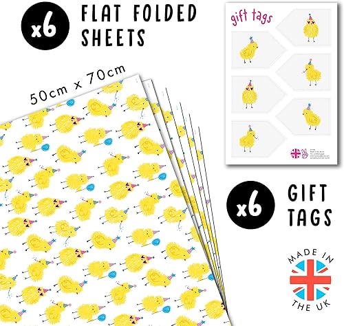 Papier cadeau blanc – 6 feuilles de papier cadeau – Poussins – Ballon, chapeau de fête – Papier cadeau pour enfant – Animal de la ferme – Livré avec autocollants – Par Central 23 - Nail Gallerys