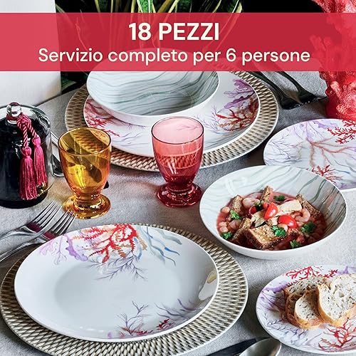 Avilia Service d'assiettes 18 pièces en porcelaine avec motifs marins – Set pour 6 personnes comprenant des assiettes plates, des fonds et des desserts – Idéal pour un usage quotidien et des occasions - Nail Gallerys