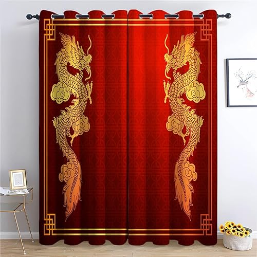 YBRAVO Rideaux Occultant 117x137 cm Motif de Dragon Chinois Rouge Lot de 2 Imprimé Rideaux occultants à œillets pour Chambre Salon, Isolant Thermiques Acoustiques Hipster Drapes occultants - Nail Gallerys