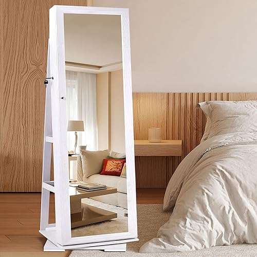 sogesfurniture Armoire à Bijoux sur Pied, Armoire de Rangement cosmétiques avec Miroir Plein Longueur, Rangement Bijoux Verrouillable, Pivotante à 360° (Marron Rustique) - Nail Gallerys
