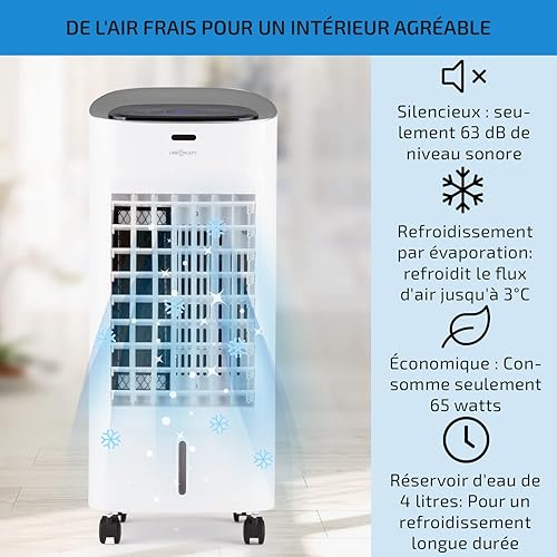 oneConcept Rafraichisseur d'Air Mobile 4 en 1, Refroidisseur d'Air par Evaporation, Mode Nuit, Humidificateur, Ioniseur, Climatiseur Mobile Sans Évacuation et Silencieux, 60W, Débit d'Air 320m³/h - Nail Gallerys