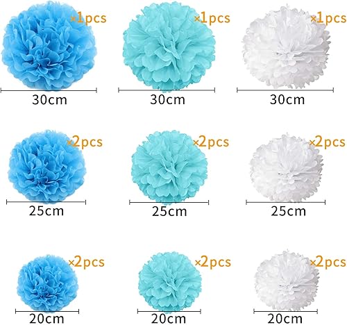 XCOZU 15 Pièces Fleur Pompon Papier de Soie, Boule Décorations pour Mariage, Fête de Vacances, Anniversaire - Blanc et Bleu - Nail Gallerys