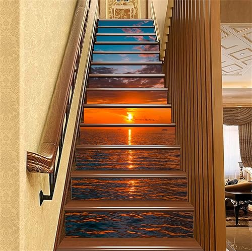 FLFK 13pcs Stair Risers Stickers Peel and Stick - Coucher de soleil Vague Or Plage Autocollants pour escaliers Décalcomanies pour marches d'escaliers Décoration intérieure 39.37 'x7.09'. - Nail Gallerys
