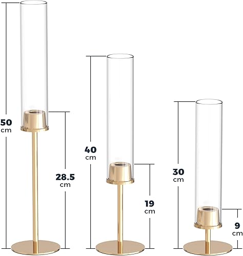 Lot de 21 bougeoirs Hurricane dorés de 60 cm, 55 cm et 50 cm de haut avec couvercle cylindrique en verre – Bougeoirs pour centre de table (doré) - Nail Gallerys