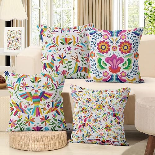 Hnmdmyi Housse de Coussin Fleurs 40x40 Set de 4, Mexicain Coloré Oiseaux Ethniques Fleurs Décoratives Taie d'oreiller Art Esthétique Lin Housse de Coussin pour Canapé Lit Jardin Extérieur Home Decor - Nail Gallerys