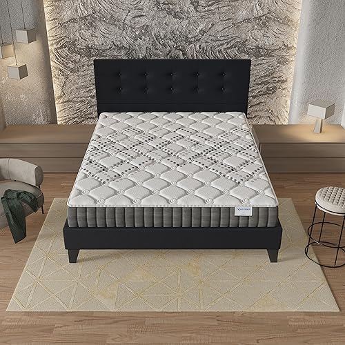 sensoreve Ensemble Matelas + LIT (120x190cm)- Matelas Eliha 20cm Ressorts ensachés & Mousse HDensité + Sommier tête de lit Bois Stable & Robuste revêtement synthétique Noir - Nail Gallerys
