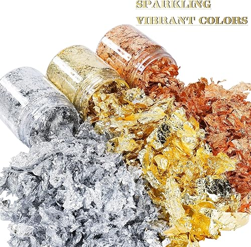 ISIYINER Flocons de Feuille d'or 3 Bouteilles Gold Leaf Gold Foil Paper Metallic Foil Flakes pour dorure, Peinture, Résine, travaux Manuel, Ongles et décoration de la Maison 10g/Bouteille - Nail Gallerys