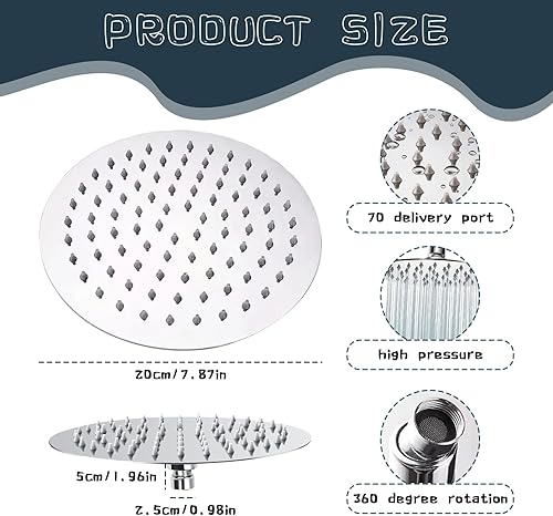 Funmo Tete de Douche Inox, Pomme de Douche Anti Calcaire, 20CM Pommeau de Douche Economie d'Eau et Haute Pression avec Universelle Filetage 1/2 Pouce, Rotatif 360°, Facile à Installer et à Nettoyer - Nail Gallerys