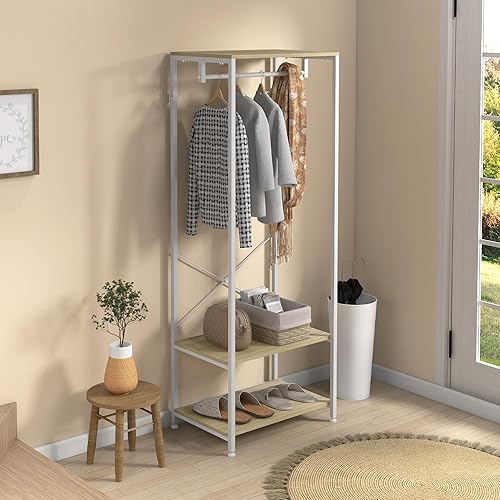 HOMCOM Porte-Manteaux avec étagère à chaussures Vestiaire meuble d'entrée Style Industriel 60L x 40l x 167,5H cm Aspect bois Clair métal Blanc - Nail Gallerys