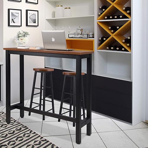 WOLTU 1 X Table de Bar + 2 X tabourets de Bar en MDF et métal,Ensemble de Meuble Industriel de Salle à Manger 120x40x100cm Hêtre Foncé - Nail Gallerys
