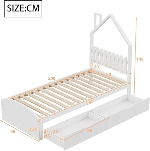 PUGSDRLY Lit Enfant 90x200cm Avec 2 Tiroirs, Tête de Lit Forme de Maison, Cadre Avec Sommier à Lattes, Plat en Bois, Sans Matelas (Blanc) - Nail Gallerys