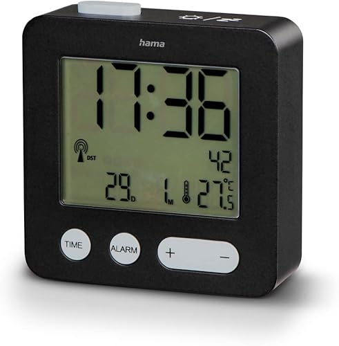 Hama Reveil Numérique LDC (Mini Réveil Radio-Piloté DCF, 2 Alarmes avec Acceleration, Snooze, Date, Température, Rétroéclairage avec Capteur, Réveil de Voyage Compact, Horloge de Bureau) Noir - Nail Gallerys