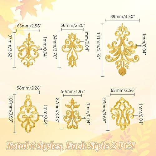 AHANDMAKER Lot de 12 appliques brodées avec fleur dorée, 6 styles en polyester, broderie dorée, patchs dorés de style ethnique avec couronne de feuilles à coudre soi-même - Nail Gallerys