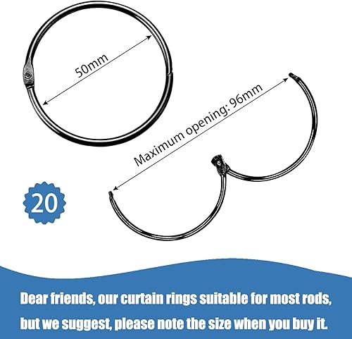 Lot de 20 Anneaux de Rideau à Ouvrir, 50 mm, en métal, Anneaux Ronds, Clips de Rideau de Douche, Pinces en métal pour Rideaux et tringles à Rideaux, argentés - Nail Gallerys