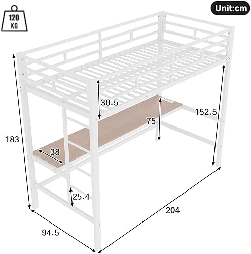 KOMHTOM 90x200cm Lit Mezzanine Multifonctionnel avec Port de Charge et lumière LED, Lit en métal avec Bureau et Clôture de Sécurité(sans Matelas) (Blanc) - Nail Gallerys