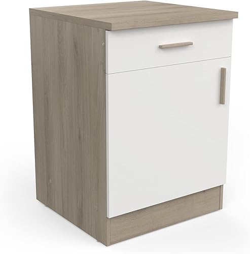 PEGANE Meuble Bas de Cuisine 1 Porte + 1 tiroir Coloris chêne kronberg, Blanc - Longueur 60 x Hauteur 85 x Profondeur 60 cm - Nail Gallerys