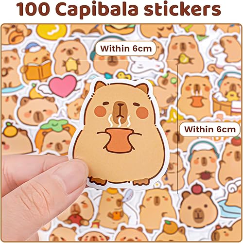 Calkkrer Lot de 100 Autocollants Capybara Imperméables - Décor Vinyle pour Ordinateur Portable, Bagages, Bouteille d'Eau, Casque - Autocollants de Voyage pour Enfants - Nail Gallerys