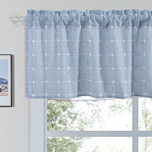Devola Rideau brise-bise aspect lin avec broderie, rideaux courts semi-transparents, style maison de campagne, vintage Cáfe, 100 x 45 cm, bleu, 1 pièce - Nail Gallerys