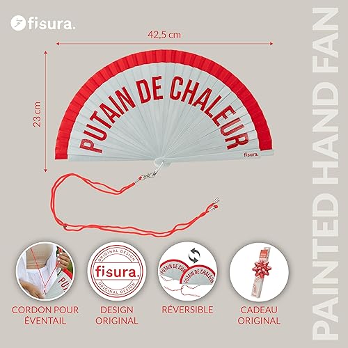 Fisura – Éventail original avec message « P*tain de chaleur ». Ventilateur réversible bois moderne et coloré. Accessoire main rouge blanc élégant. Crochet fourni. 42,5 x 23 cm - Nail Gallerys