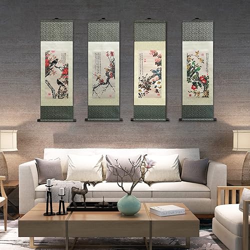 Valart Peinture en Soie Décoration Murale Asiatique 4 Couleurs Oiseau Fleur - Perroquet Grive Pie Étourneau - Magpie Bleue Belle Défilement ​Peinture Décoration Orientale (94 x 30cm) - Nail Gallerys