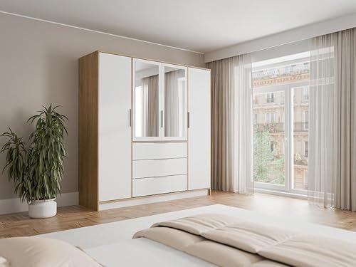 Vente-unique - Armoire 4 Portes et 3 tiroirs - avec miroirs - L196 cm - Coloris : Naturel et Blanc - LAMIKI - Nail Gallerys