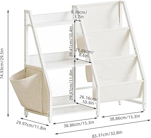 Whemyreat Bibliothèque en Bois à 3 Étages pour Enfants, Étagère à Jouets Avec Poches Latérales, Rangement de Livres pour Chambre, Jardin d'Enfants, Naturel, 84 x 30 x 75 cm - Nail Gallerys
