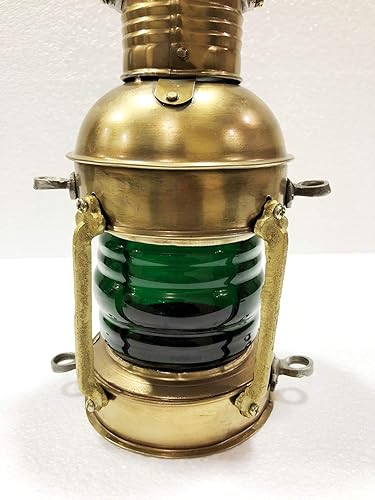 ANTIQUE 12 Pouces Hauteur Cargo Vert Huile Lanterne Lampe en Laiton Marine Marine Nautique Décoration - Nail Gallerys