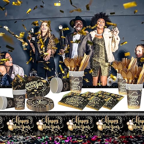 81 pièces Nouvel An ensemble de vaisselle de nouvel an en or noir vaisselle de nouvel an assiette de nouvel an serviette tasse pour la décoration 2025 nouvel an Night Party Supplies 2025 - Nail Gallerys